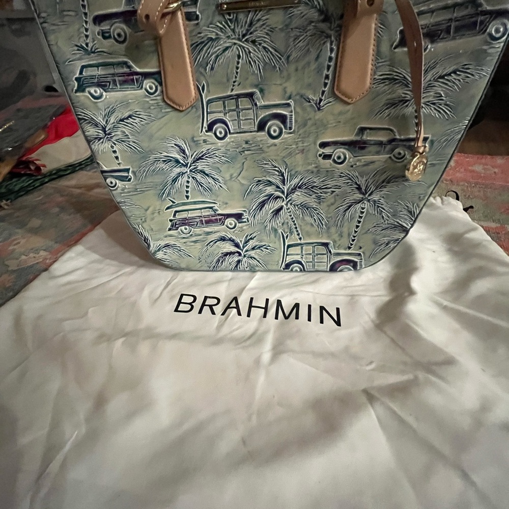 Brahmin Blue Tropical Tote Bag with Leather Handles